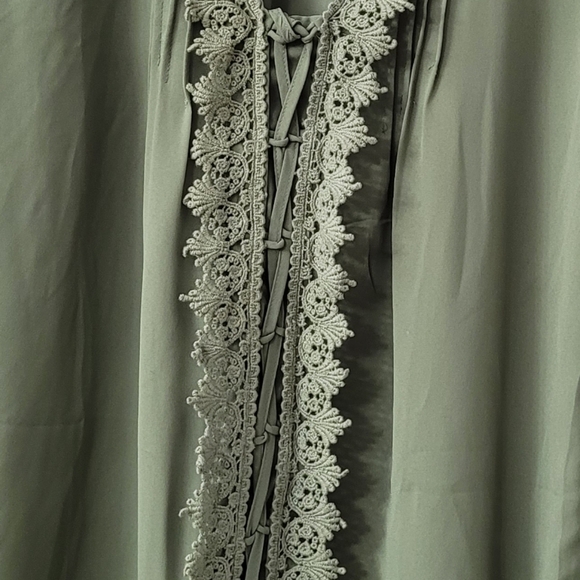 COTTON Sage Long Sleeve Lace Tie-up Pleated Blouse Sage Green Size S oversized - Picture 3 of 9